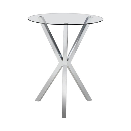 Table de bar ronde Denali avec plateau en verre et pieds chromés