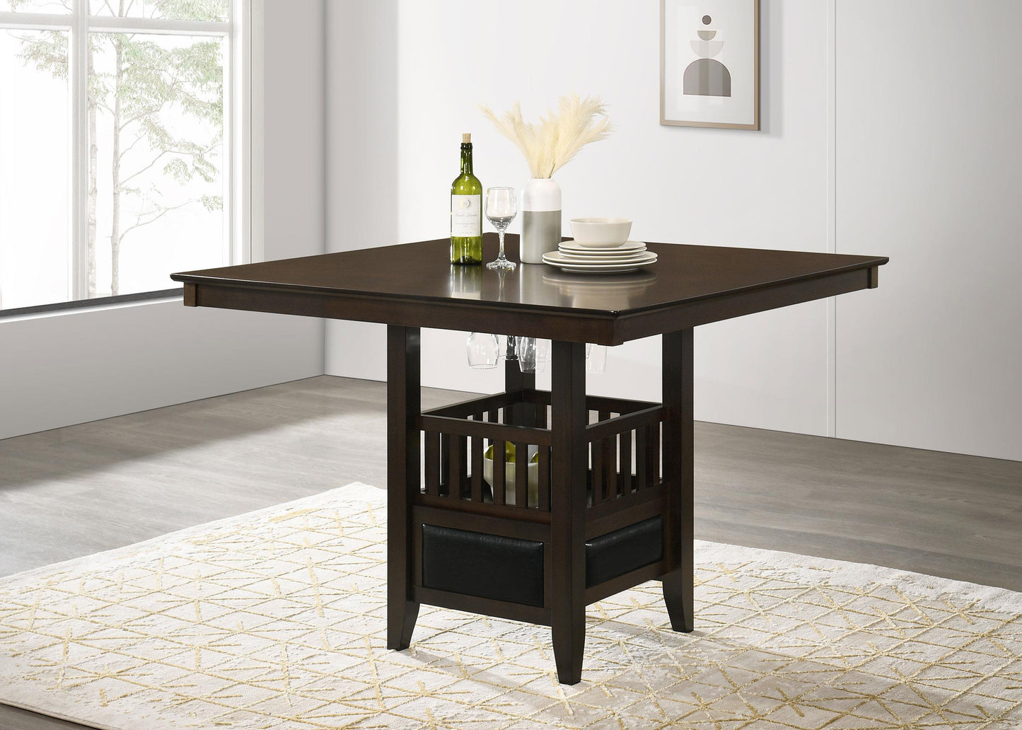 Table de bar carrée Jaden avec rangement, couleur espresso.