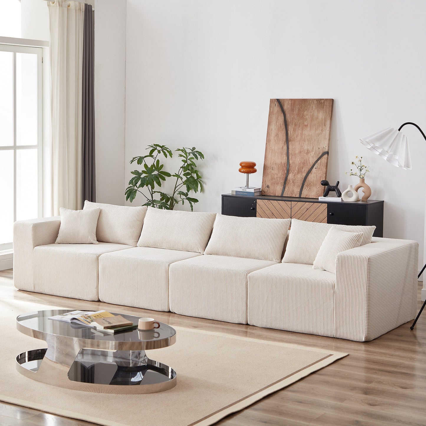 Canapé d'angle modulaire en cordouroy de 264 cm, ensemble de canapé de sol, canapé compressé rempli de mousse, combinaison libre de 4 pièces.