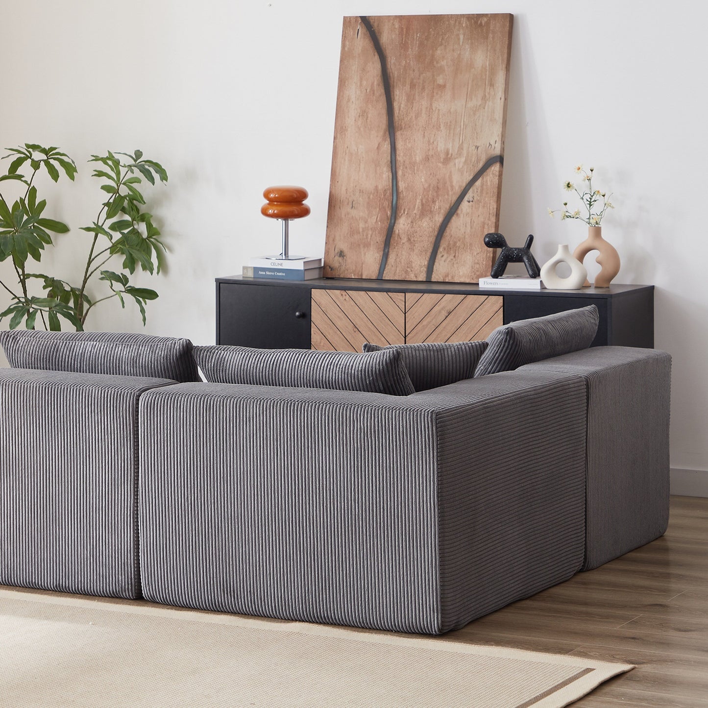 Canapé d'angle modulaire en cordouroy de 264 cm, ensemble de canapé de sol, canapé compressé rempli de mousse, combinaison libre de 4 pièces.