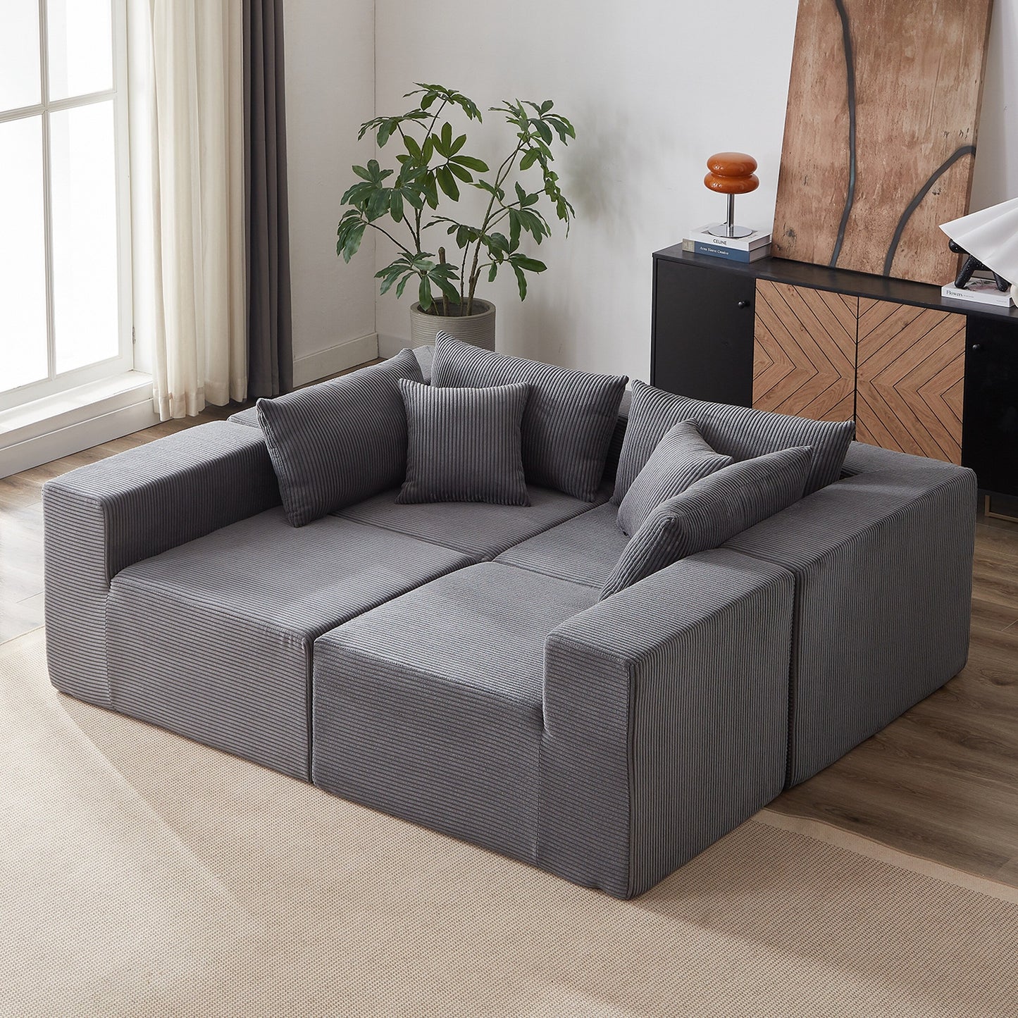 Canapé d'angle modulaire en cordouroy de 264 cm, ensemble de canapé de sol, canapé compressé rempli de mousse, combinaison libre de 4 pièces.