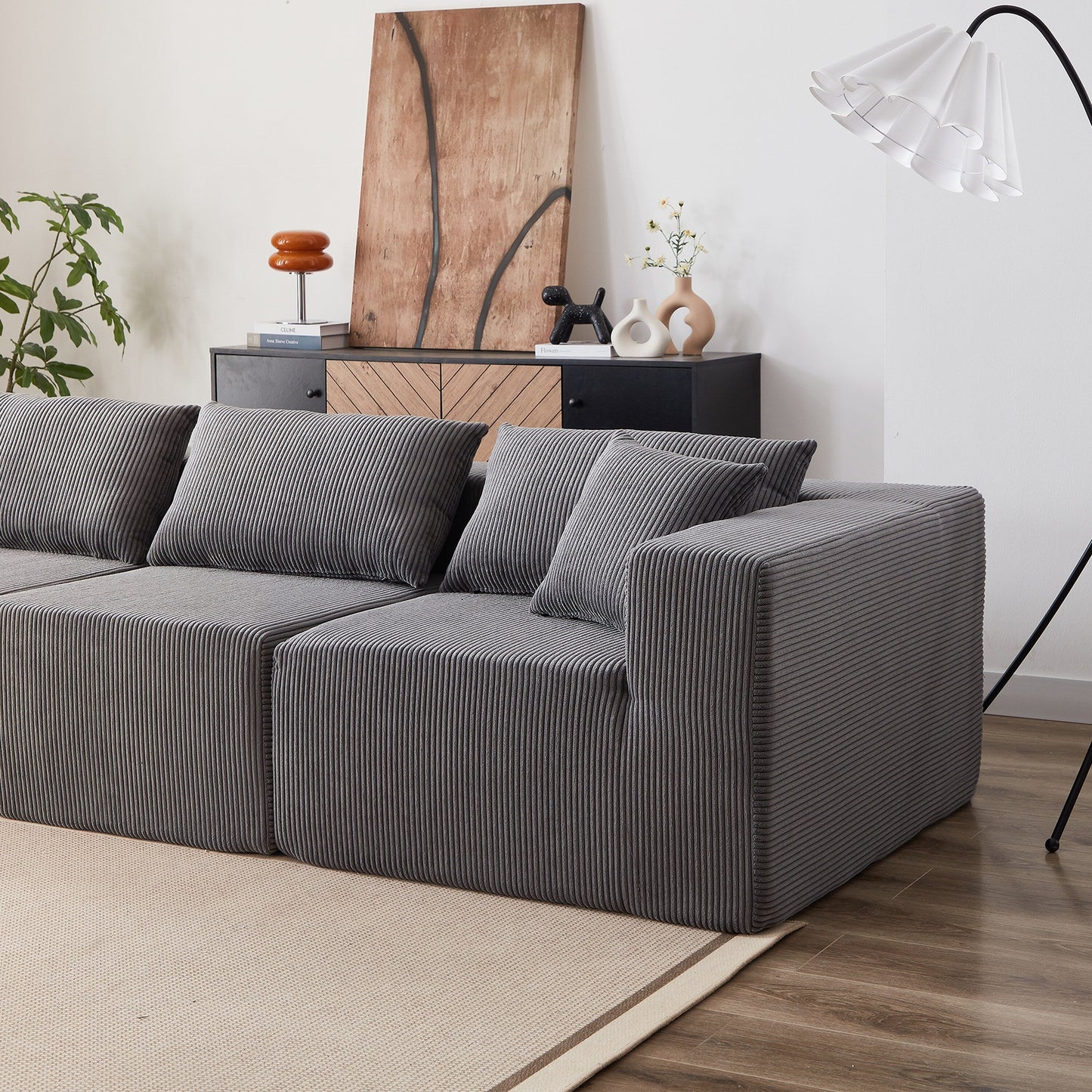 Canapé d'angle modulaire en cordouroy de 264 cm, ensemble de canapé de sol, canapé compressé rempli de mousse, combinaison libre de 4 pièces.