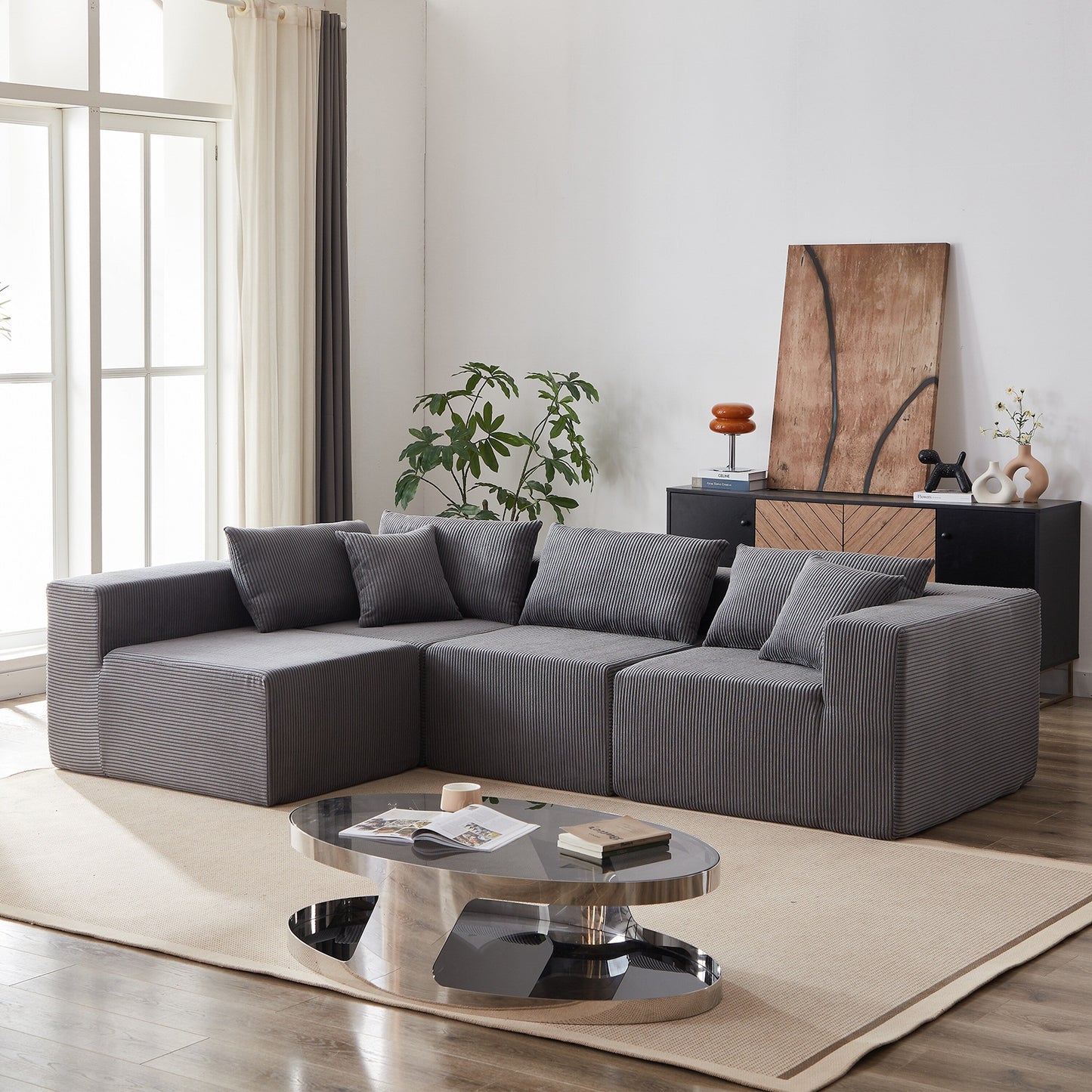 Canapé d'angle modulaire en cordouroy de 264 cm, ensemble de canapé de sol, canapé compressé rempli de mousse, combinaison libre de 4 pièces.