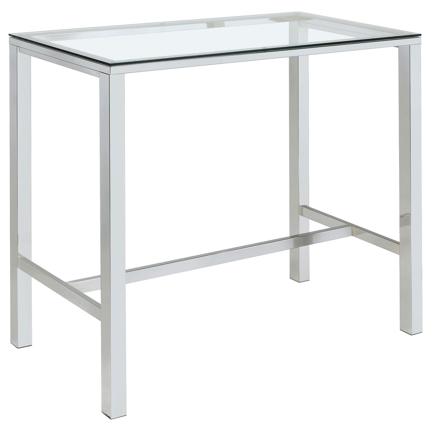 Table de bar Tolbert avec plateau en verre et pieds chromés