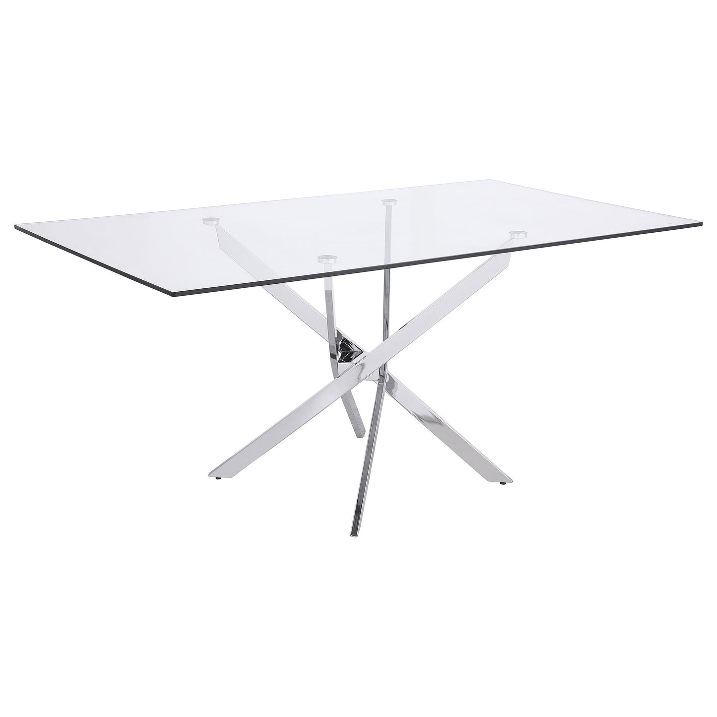 Table de salle à manger Carmelo en forme de X, chromée et transparente