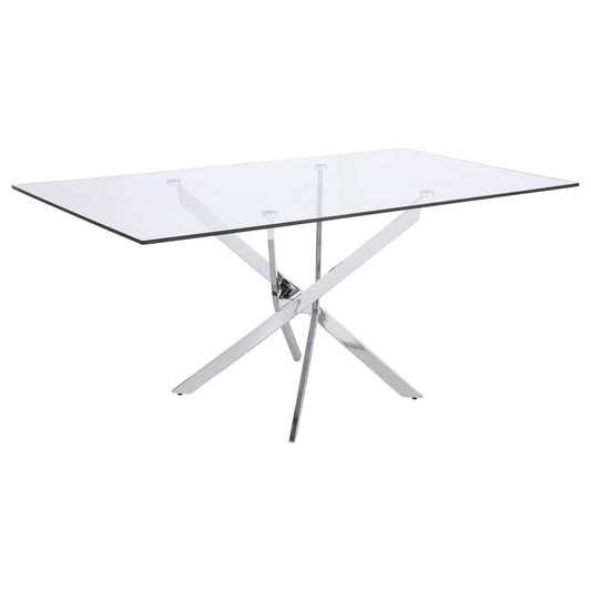 Table de salle à manger Carmelo en forme de X, chromée et transparente