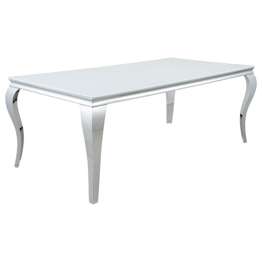 Table de salle à manger rectangulaire Carone avec plateau en verre, blanc et chrome