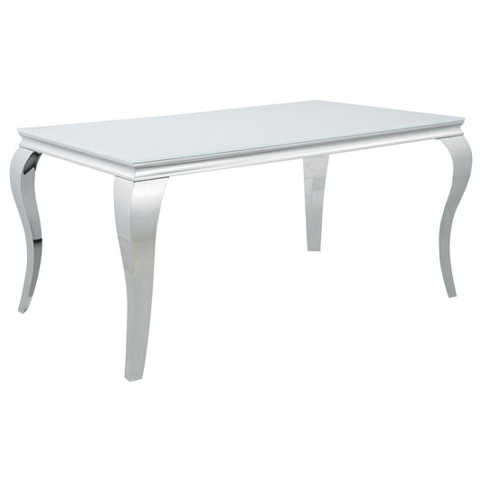 Table de salle à manger rectangulaire Carone avec plateau en verre, blanc et chrome