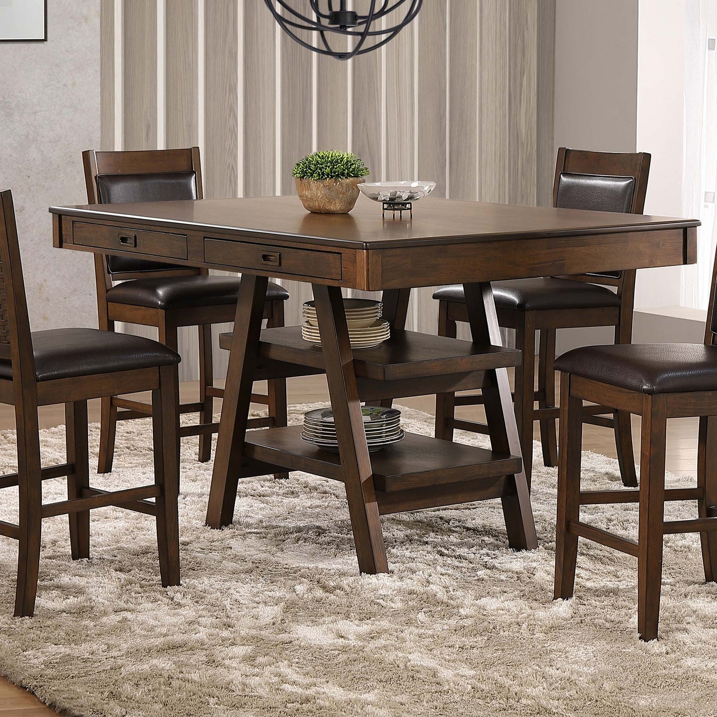 Table de comptoir Dewey à 2 tiroirs avec étagères ouvertes, couleur noyer