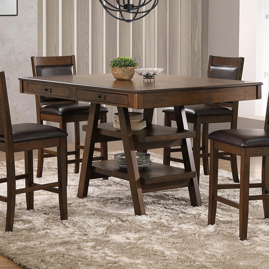 Table de comptoir Dewey à 2 tiroirs avec étagères ouvertes, couleur noyer
