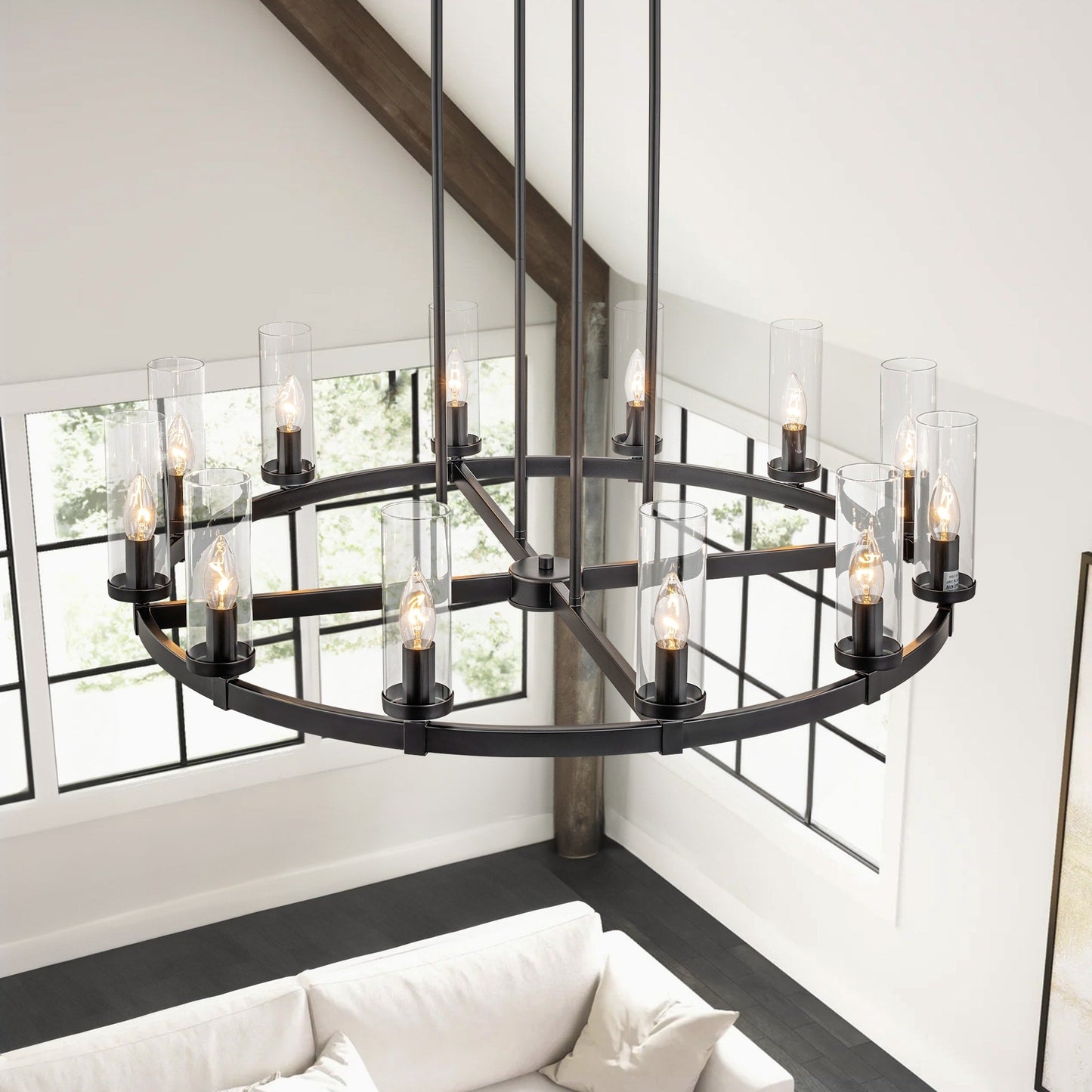 Grand lustre à 12 lumières, style moderne du milieu du siècle, en forme de roue de chariot, avec des cylindres en verre transparent, doré/noir.