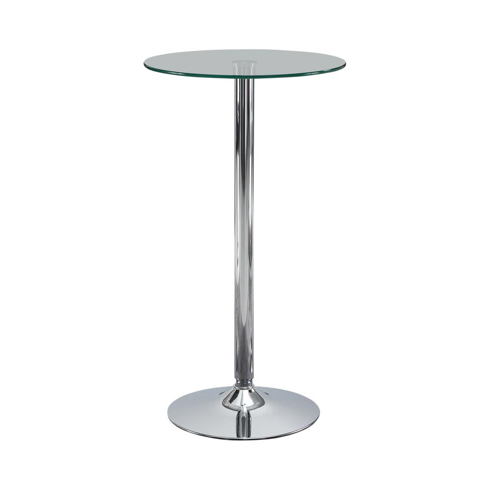 Table de bar ronde avec plateau en verre et pieds chromés, modèle Abilene