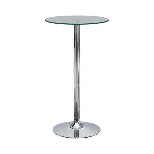 Table de bar ronde avec plateau en verre et pieds chromés, modèle Abilene
