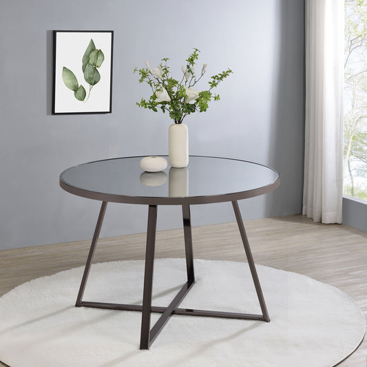 Table de salle à manger ronde Jillian avec plateau en miroir trempé et pieds en nickel noir