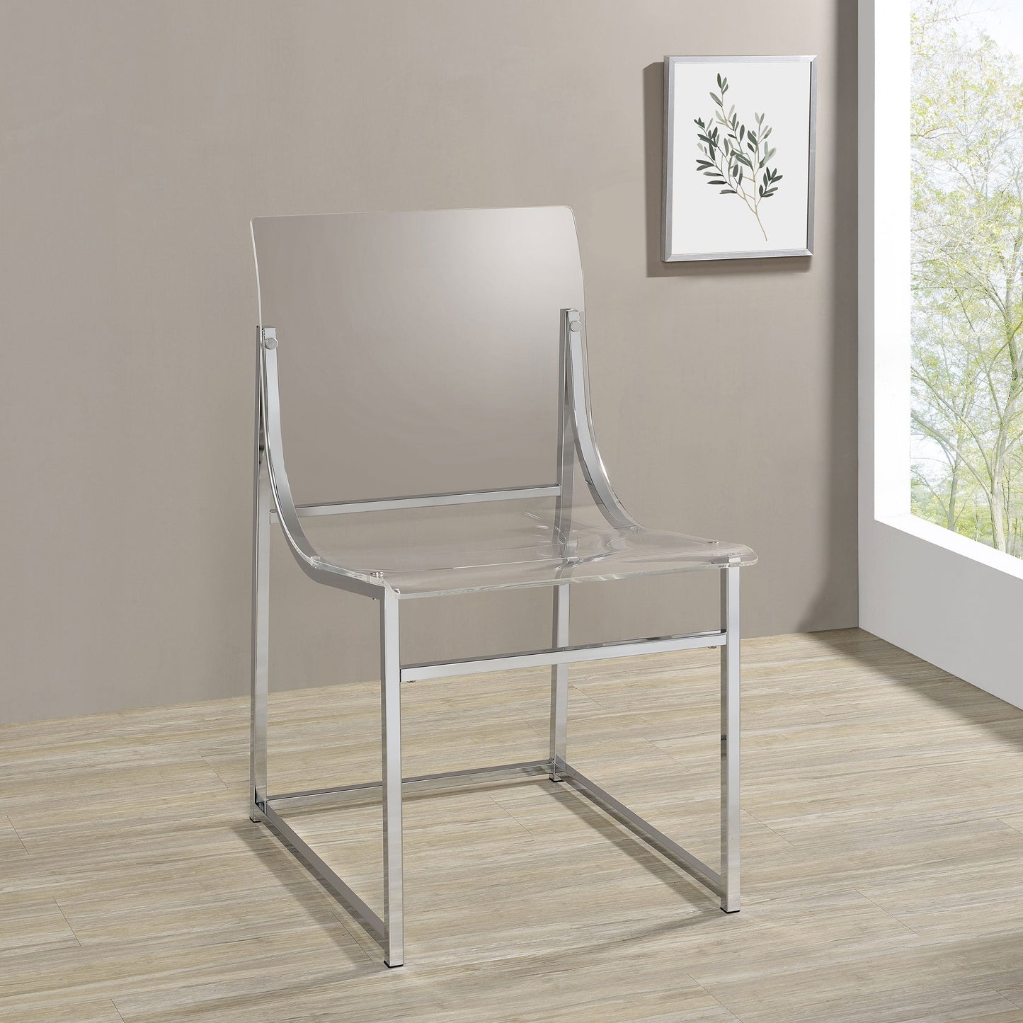 Chaise de salle à manger Adino en acrylique, transparente et chromée