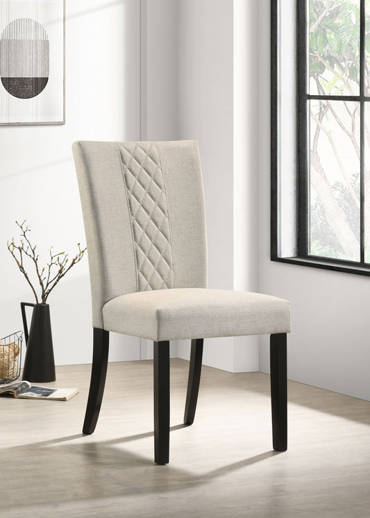 Chaise de salle à manger Malia avec dossier plein, pieds en bois, revêtement en tissu, couleur beige et noir (lot de 2)