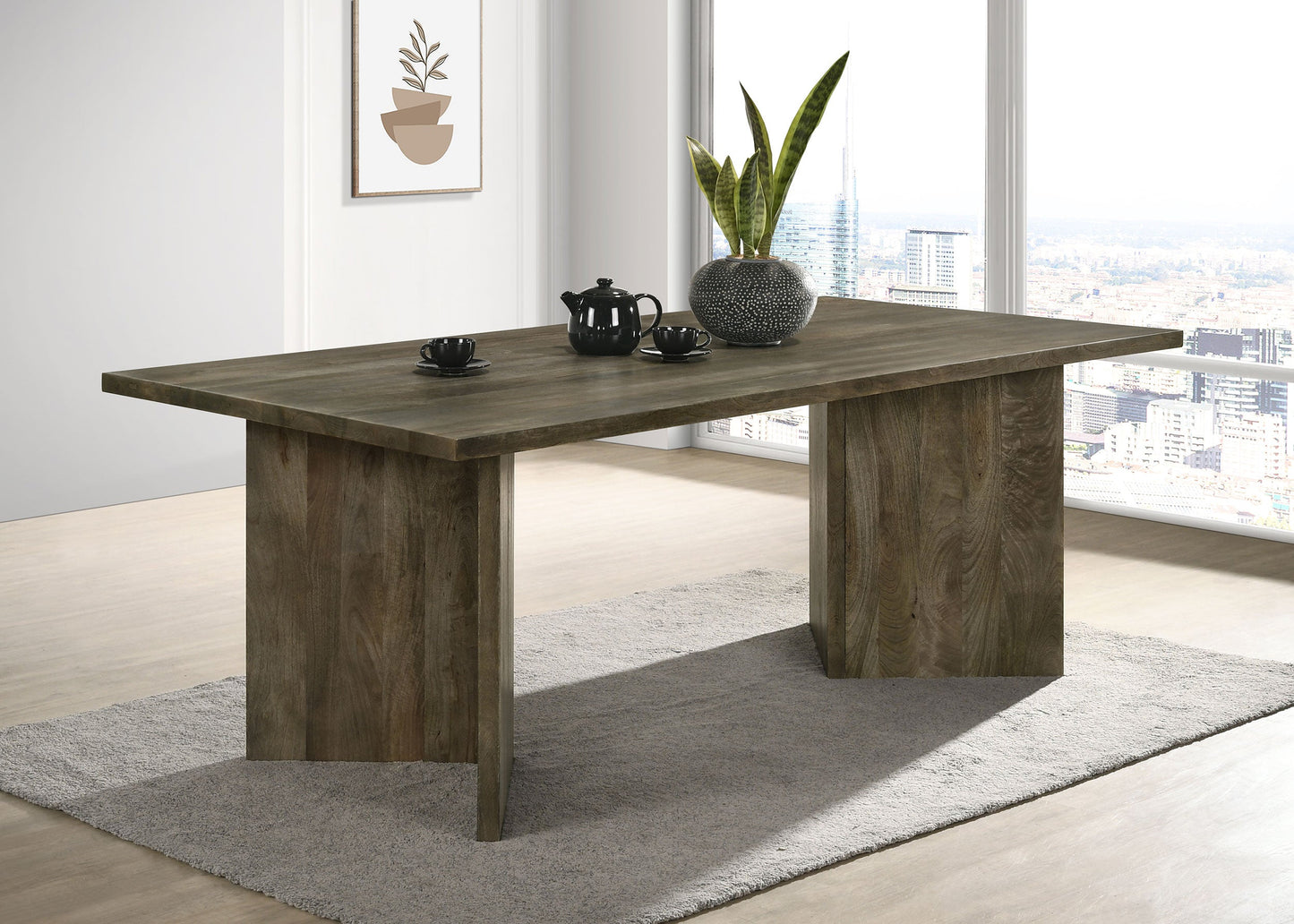 Table à manger rectangulaire Tyler à double pieds en V, couleur brun mangue