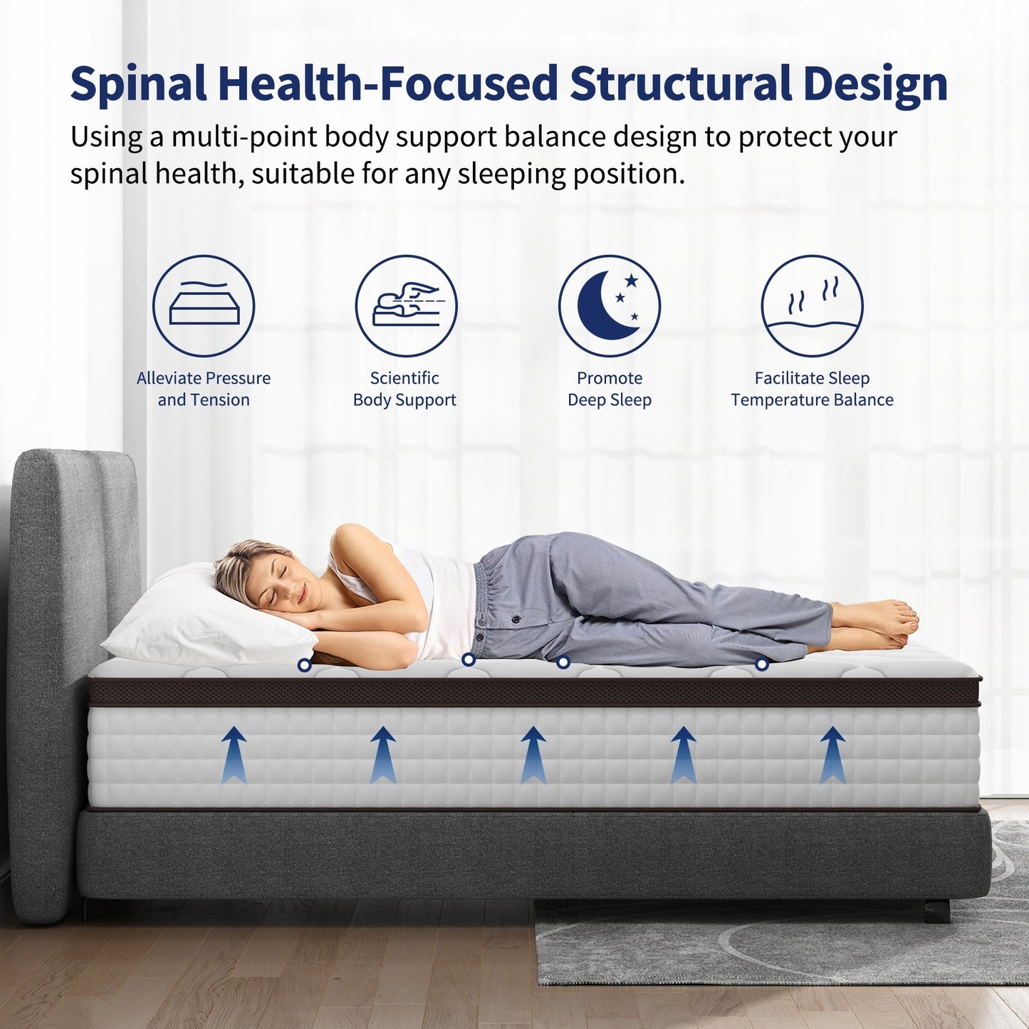 Matelas hybride 14 pouces - Mousse à mémoire de forme au gel de charbon de bambou et ressorts ensachés à 7 zones, fermeté moyenne, essai de 100 nuits