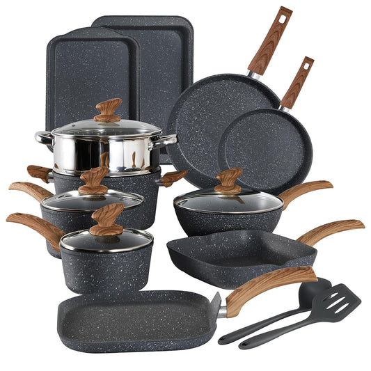 Ensemble de cuisine 17 pièces en granit, ensemble de casseroles et poêles antiadhésives