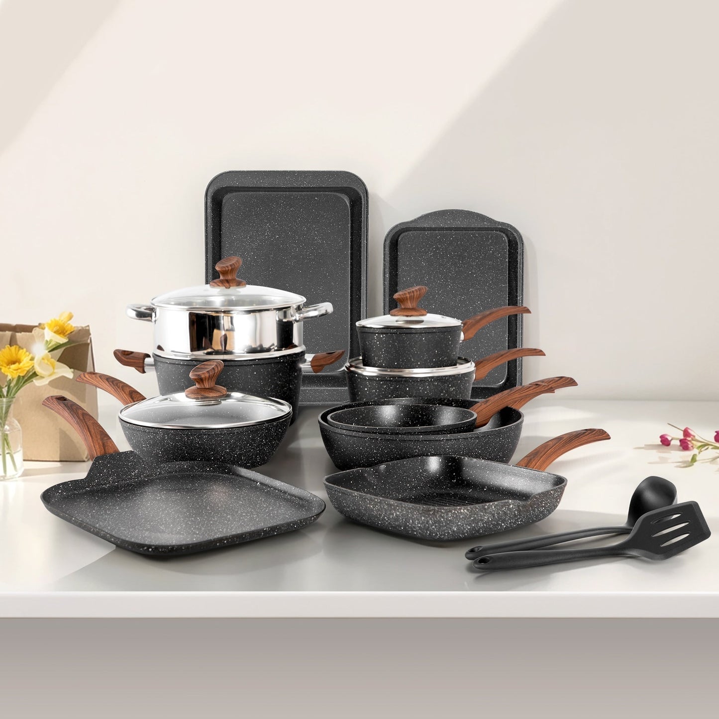 Ensemble de cuisine 17 pièces en granit, ensemble de casseroles et poêles antiadhésives