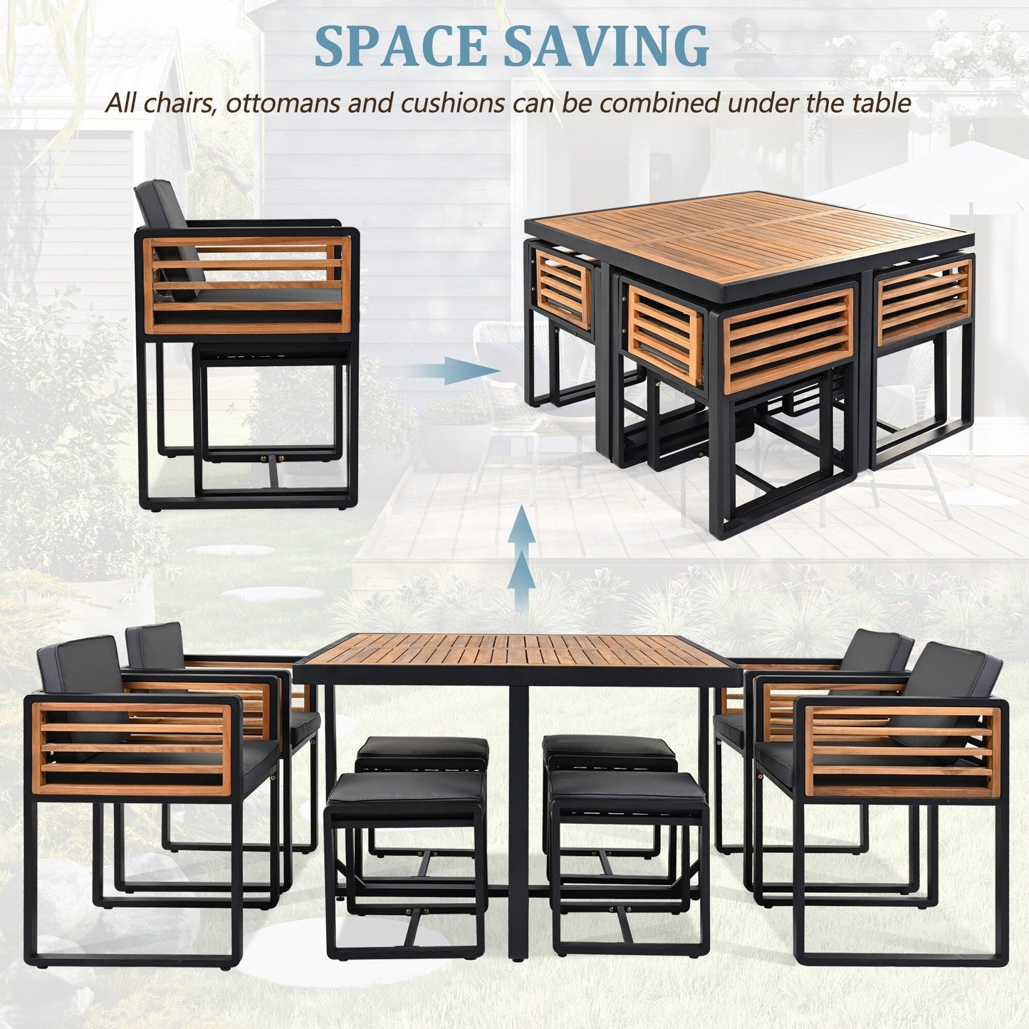 Ensemble de salle à manger de patio en bois d'acacia, 18 pièces, 8 chaises avec coussins, 8 poufs et 2 tables carrées.