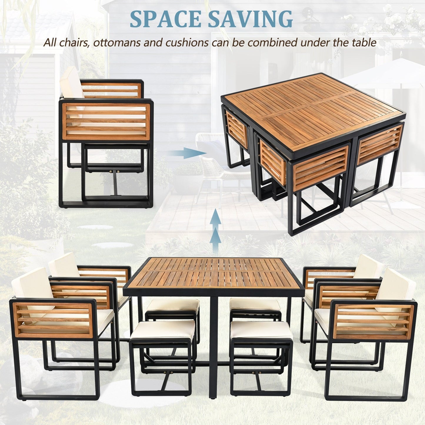 Ensemble de salle à manger de patio en bois d'acacia, 18 pièces, 8 chaises avec coussins, 8 poufs et 2 tables carrées.