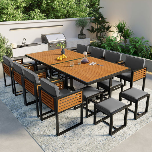 Ensemble de salle à manger de patio en bois d'acacia, 18 pièces, 8 chaises avec coussins, 8 poufs et 2 tables carrées.