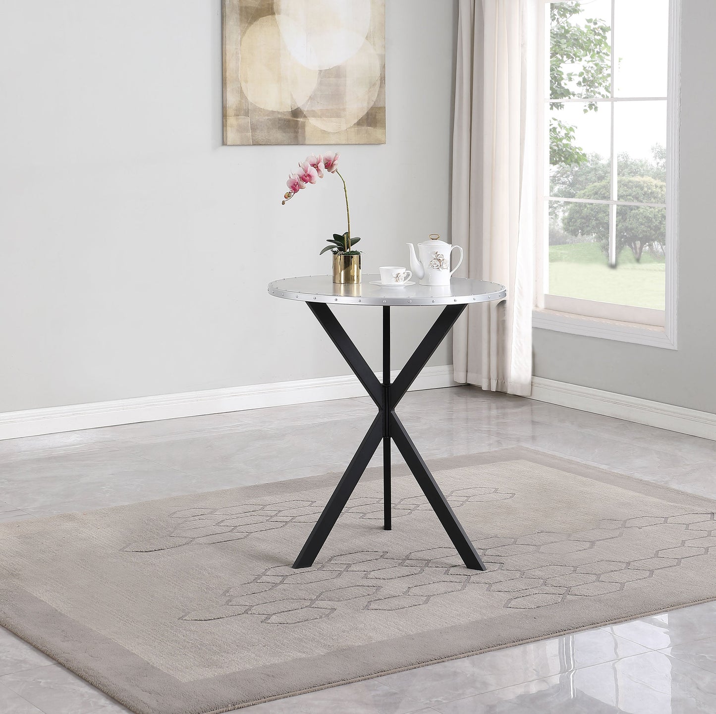 Table de bar ronde Kenzo avec plateau en métal, argent et noir sable