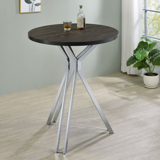 Table de bar ronde Edgerton avec plateau en bois, chêne foncé et chrome