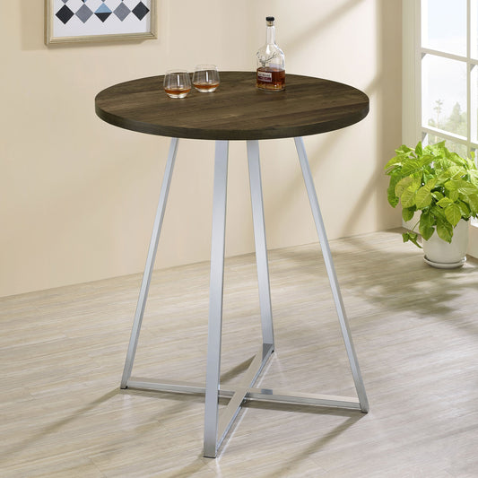 Table de bar ronde avec base en patins, en chêne brun et chrome, de Burkhart