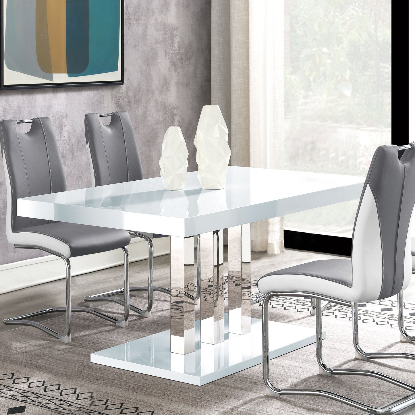 Table de salle à manger rectangulaire Brooklyn, blanc brillant et chrome.