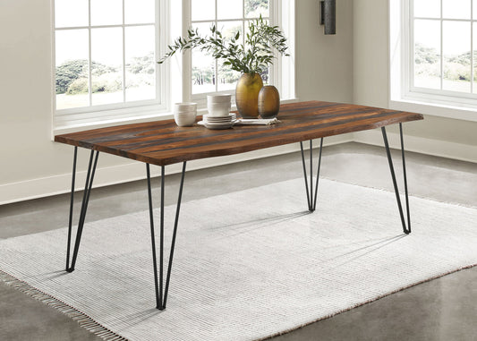 Table à manger Neve avec plateau en bois massif et pieds en forme de fer à cheval, en sheesham gris et gris anthracite.