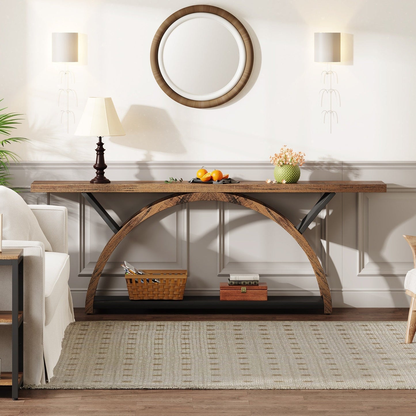 Table de console de canapé étroite et longue à 2 niveaux avec cadre semi-circulaire pour entrée, tables d'appoint de couloir grises
