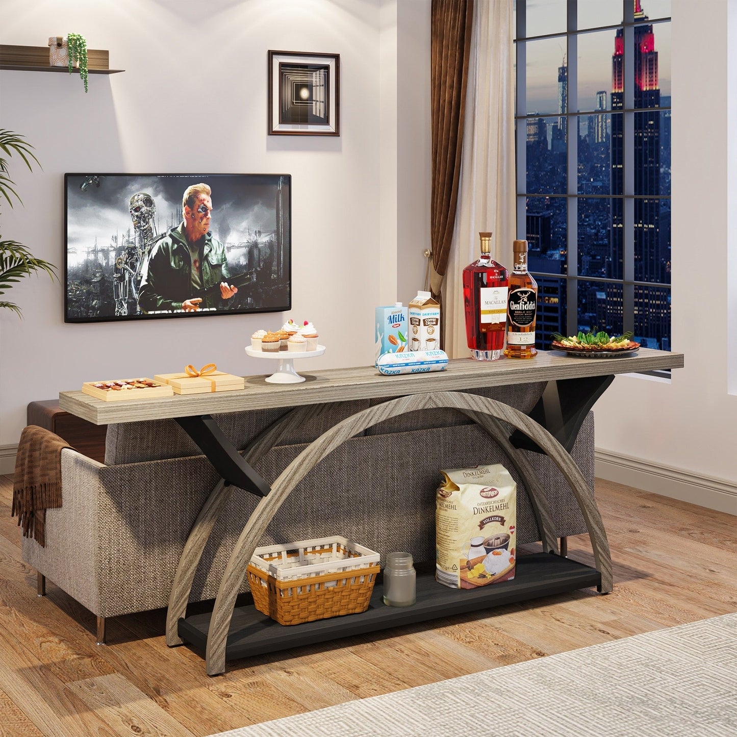 Table de console de canapé étroite et longue à 2 niveaux avec cadre semi-circulaire pour entrée, tables d'appoint de couloir grises