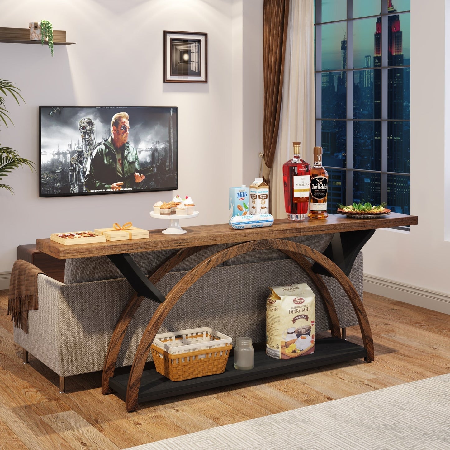 Table de console de canapé étroite et longue à 2 niveaux avec cadre semi-circulaire pour entrée, tables d'appoint de couloir grises