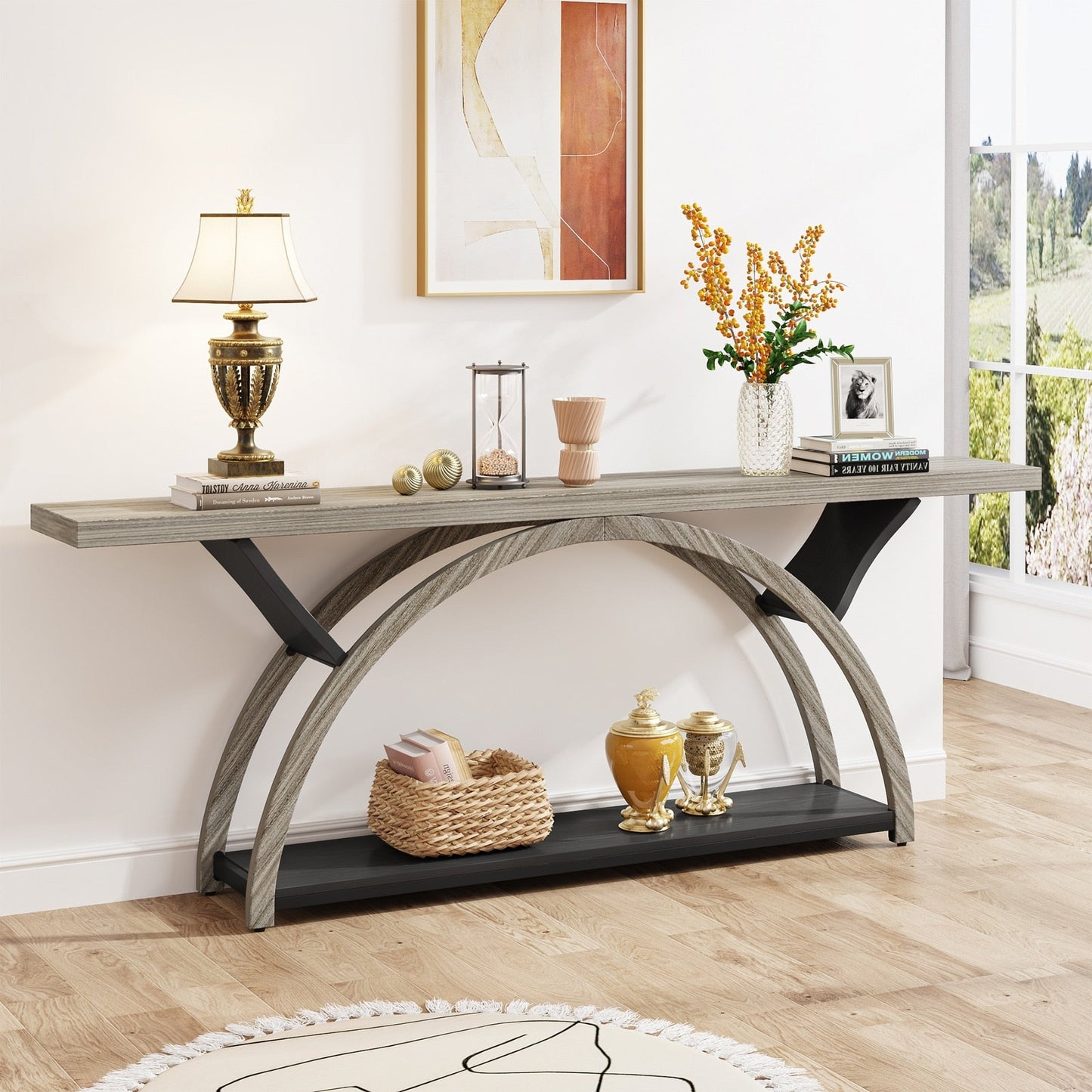 Table de console de canapé étroite et longue à 2 niveaux avec cadre semi-circulaire pour entrée, tables d'appoint de couloir grises