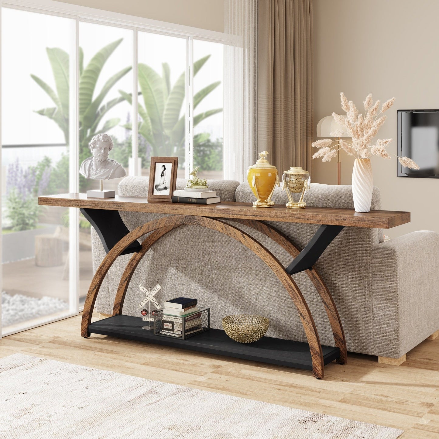 Table de console de canapé étroite et longue à 2 niveaux avec cadre semi-circulaire pour entrée, tables d'appoint de couloir grises