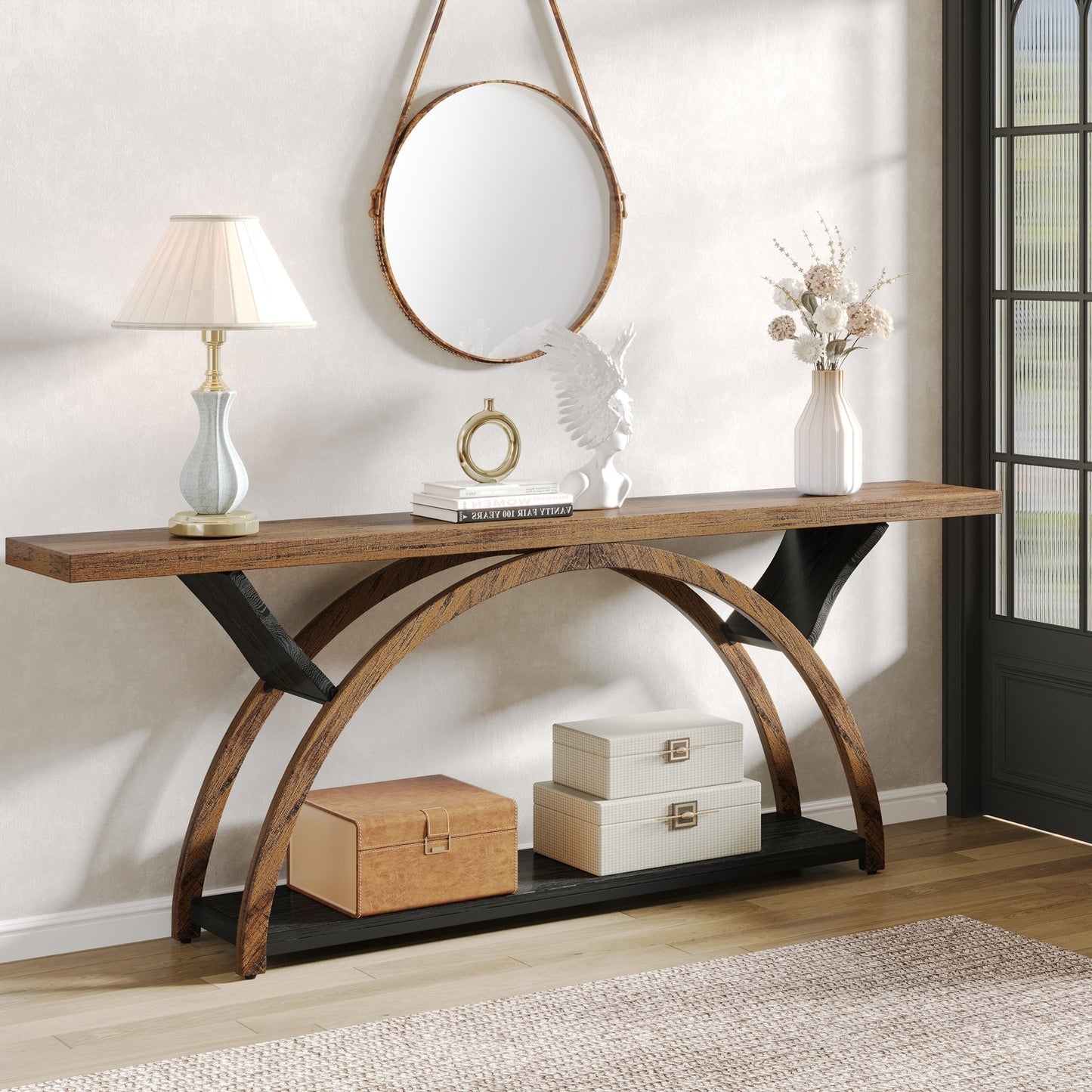 Table de console de canapé étroite et longue à 2 niveaux avec cadre semi-circulaire pour entrée, tables d'appoint de couloir grises