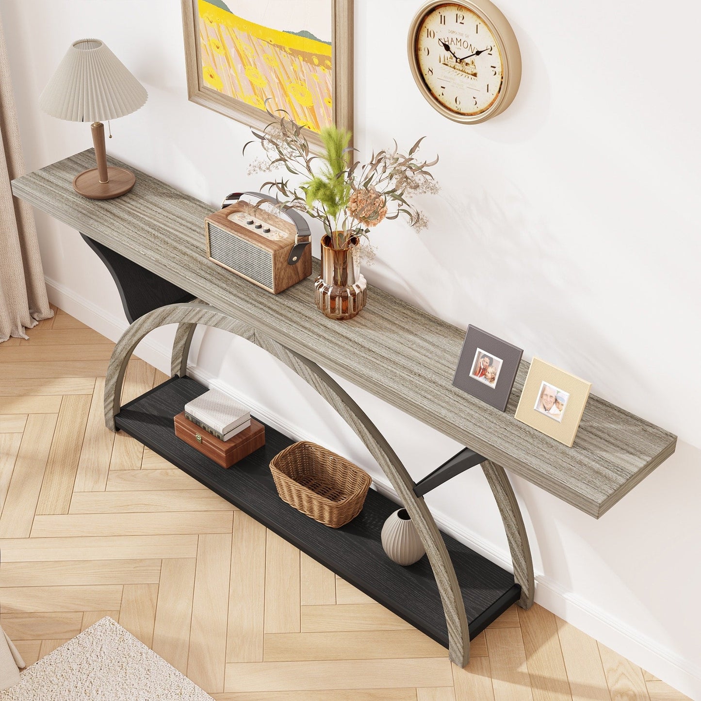 Table de console de canapé étroite et longue à 2 niveaux avec cadre semi-circulaire pour entrée, tables d'appoint de couloir grises