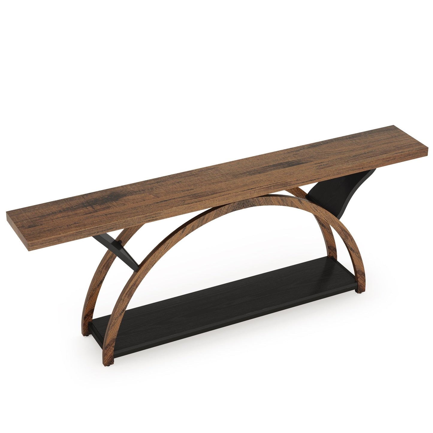 Table de console de canapé étroite et longue à 2 niveaux avec cadre semi-circulaire pour entrée, tables d'appoint de couloir grises