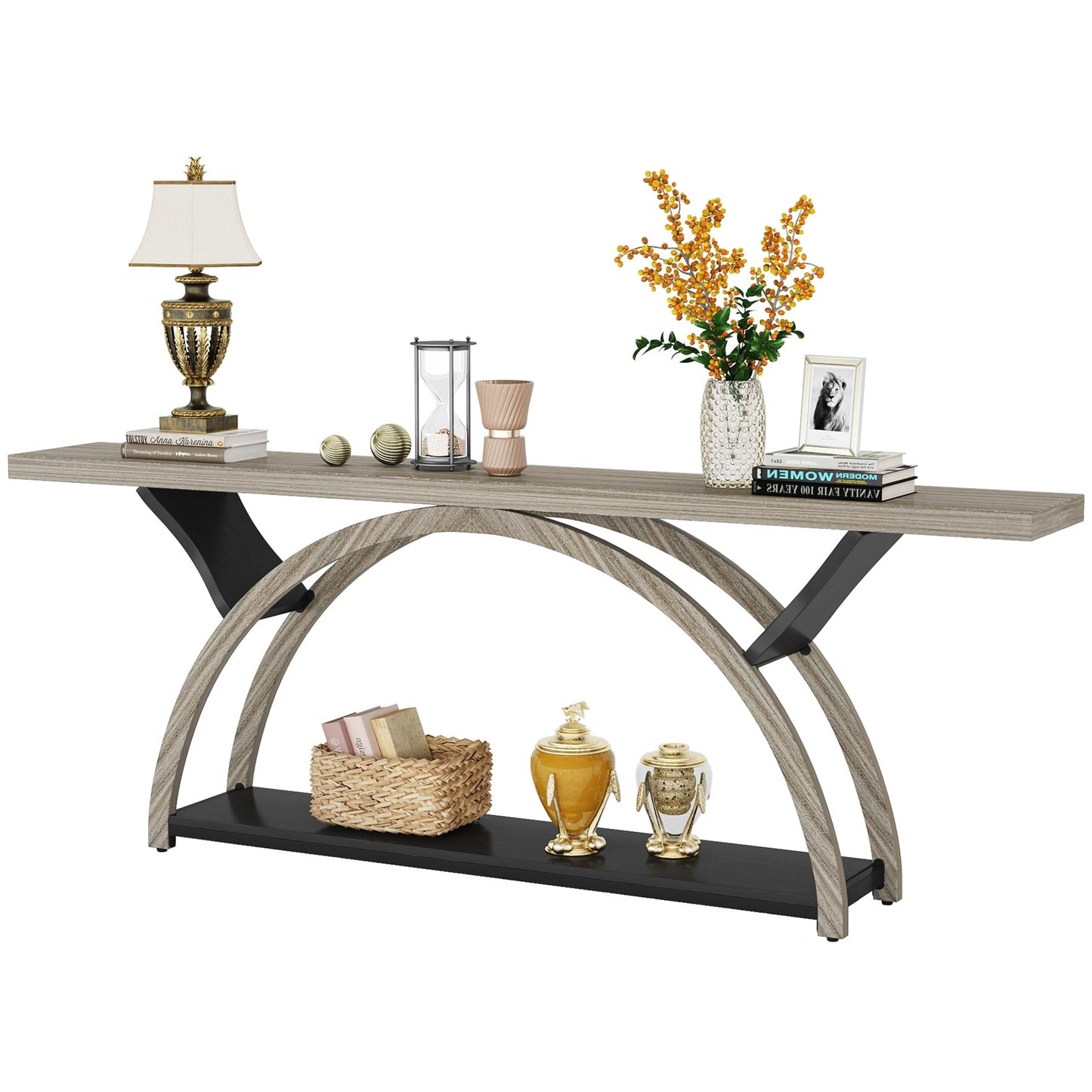 Table de console de canapé étroite et longue à 2 niveaux avec cadre semi-circulaire pour entrée, tables d'appoint de couloir grises