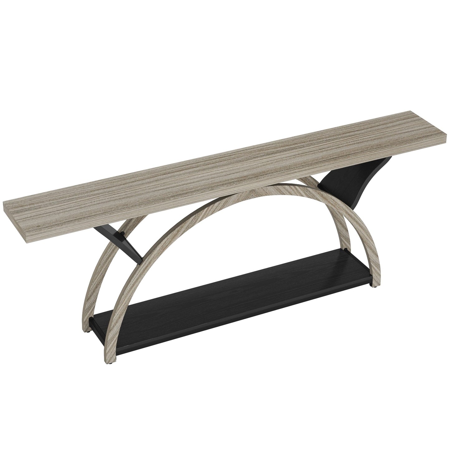 Table de console de canapé étroite et longue à 2 niveaux avec cadre semi-circulaire pour entrée, tables d'appoint de couloir grises