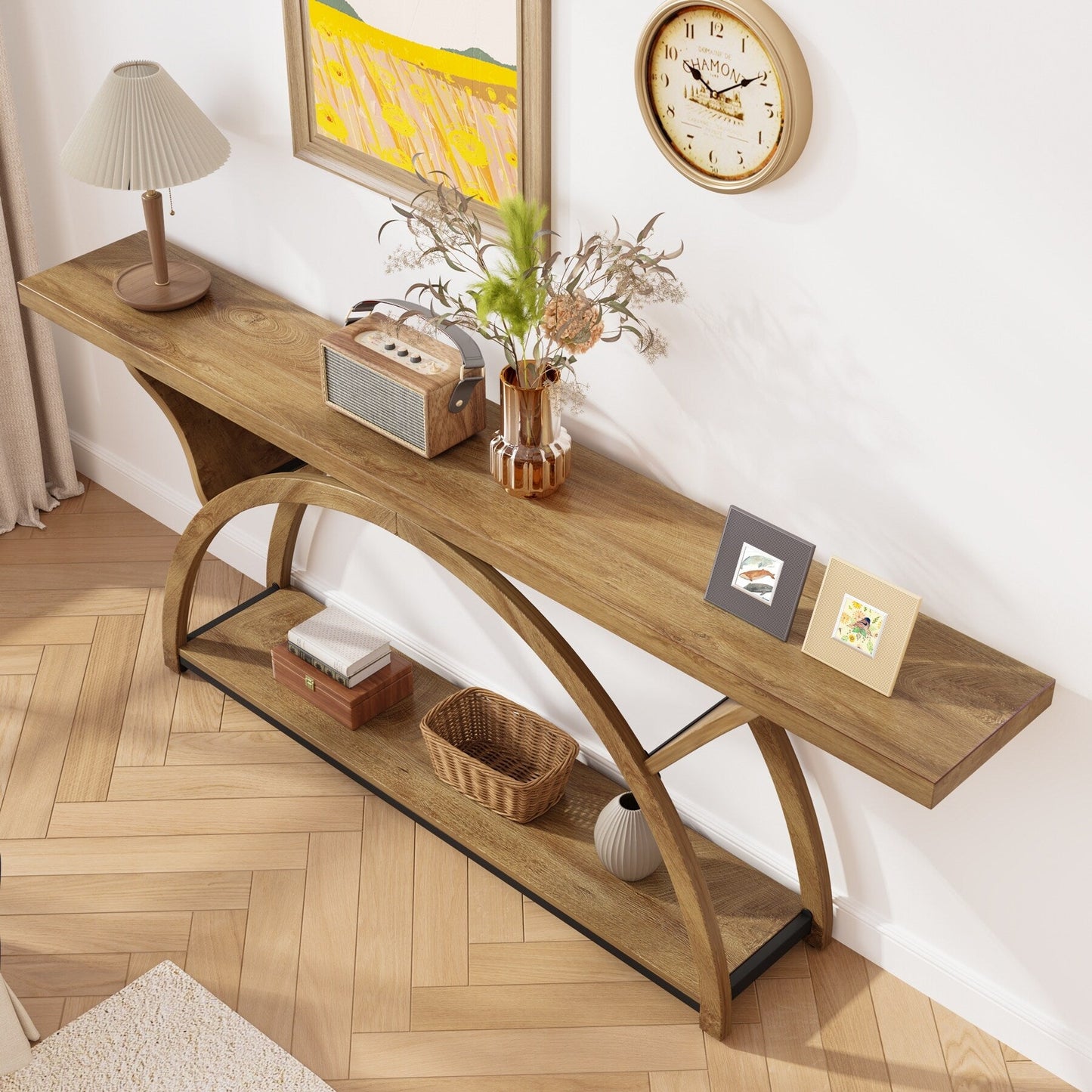Table de console de canapé étroite et longue à 2 niveaux avec cadre semi-circulaire pour entrée, tables d'appoint de couloir grises