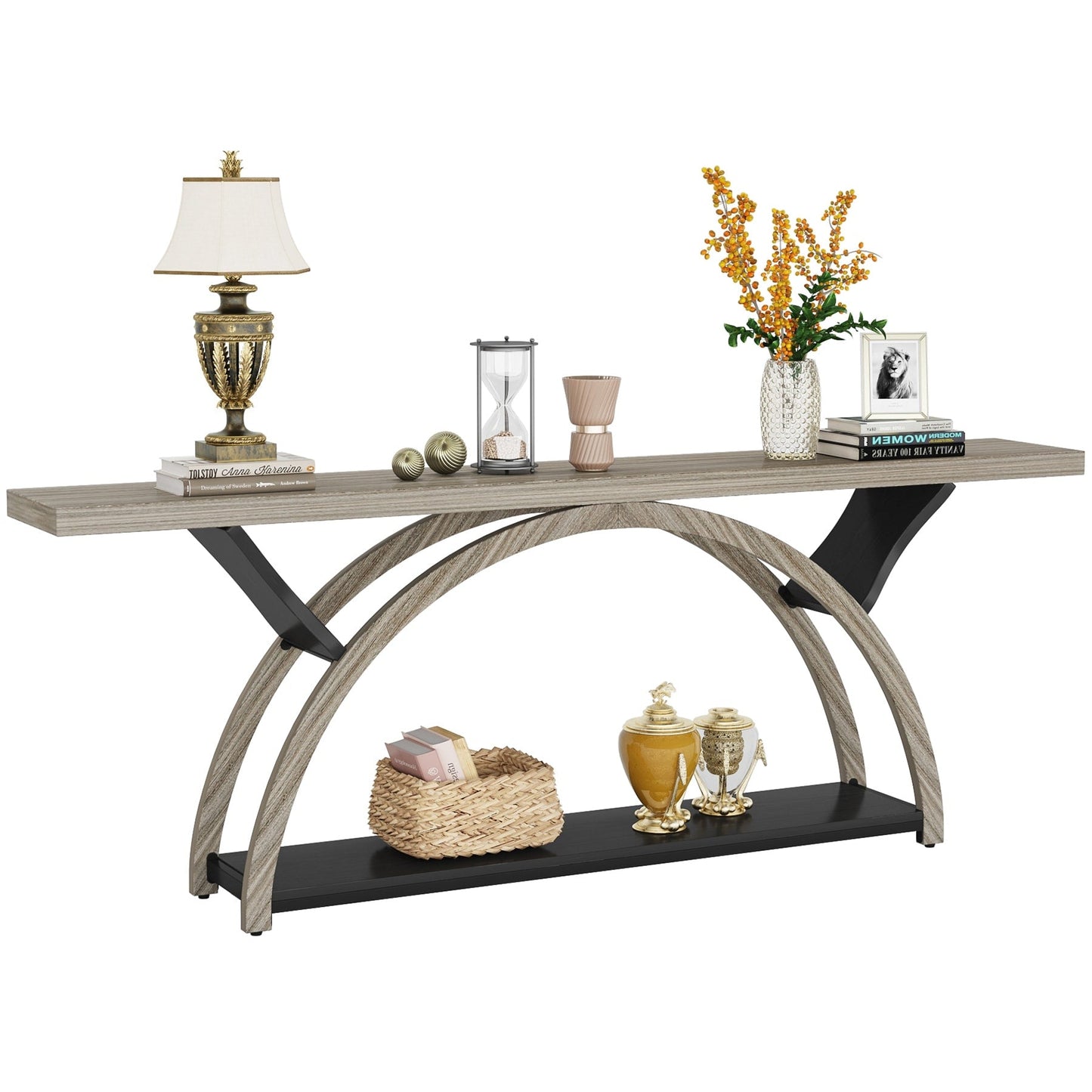 Table de console de canapé étroite et longue à 2 niveaux avec cadre semi-circulaire pour entrée, tables d'appoint de couloir grises
