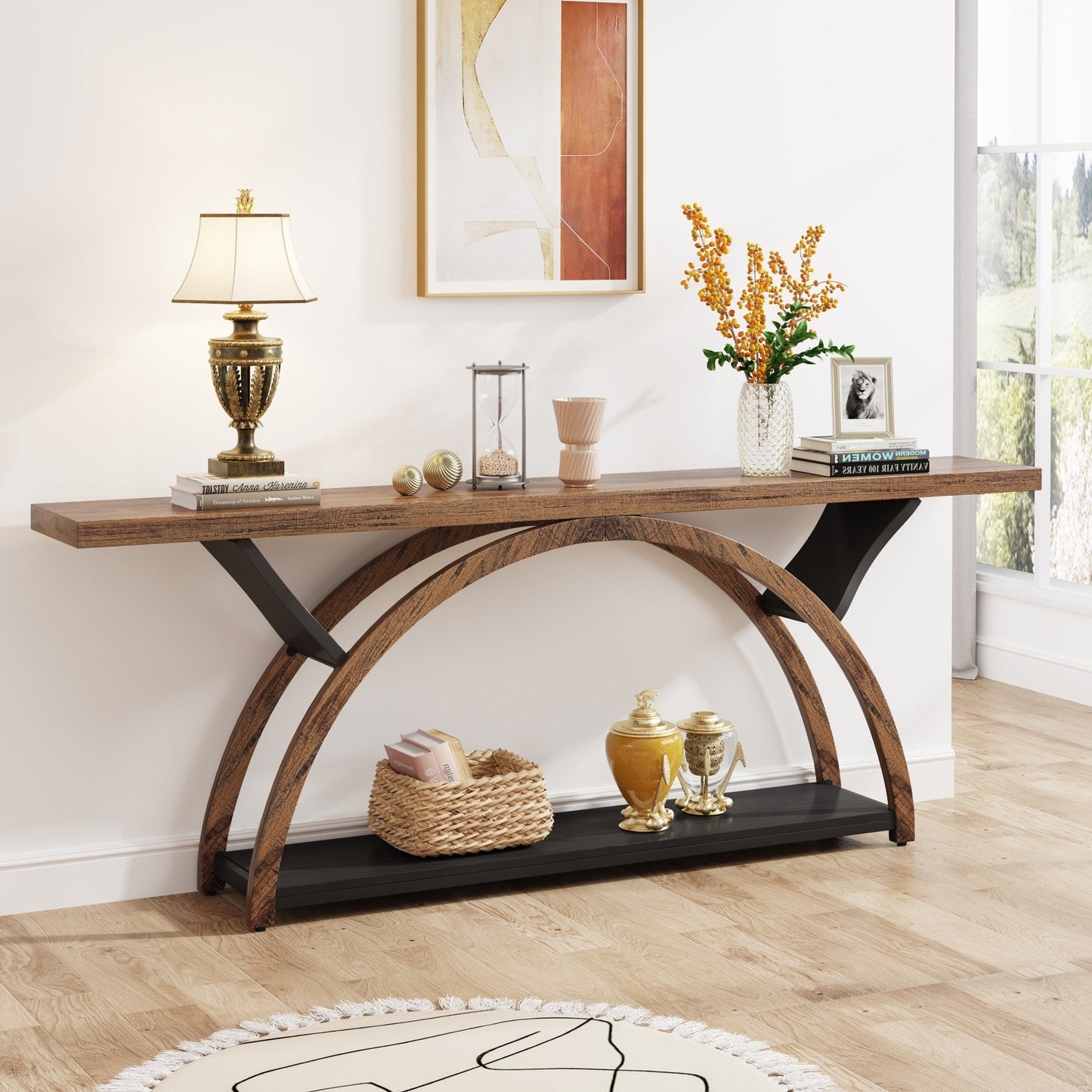 Table de console de canapé étroite et longue à 2 niveaux avec cadre semi-circulaire pour entrée, tables d'appoint de couloir grises