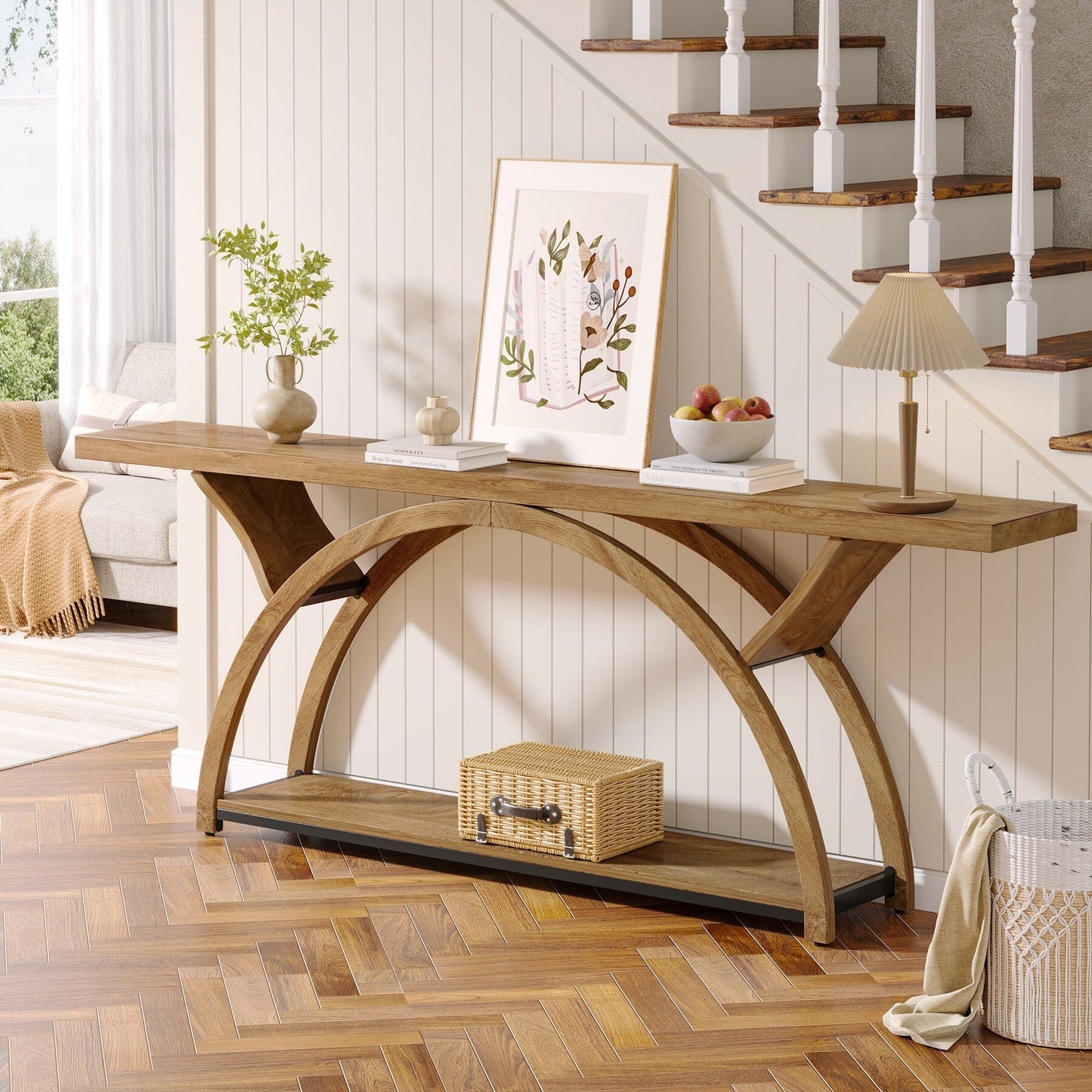 Table de console de canapé étroite et longue à 2 niveaux avec cadre semi-circulaire pour entrée, tables d'appoint de couloir grises