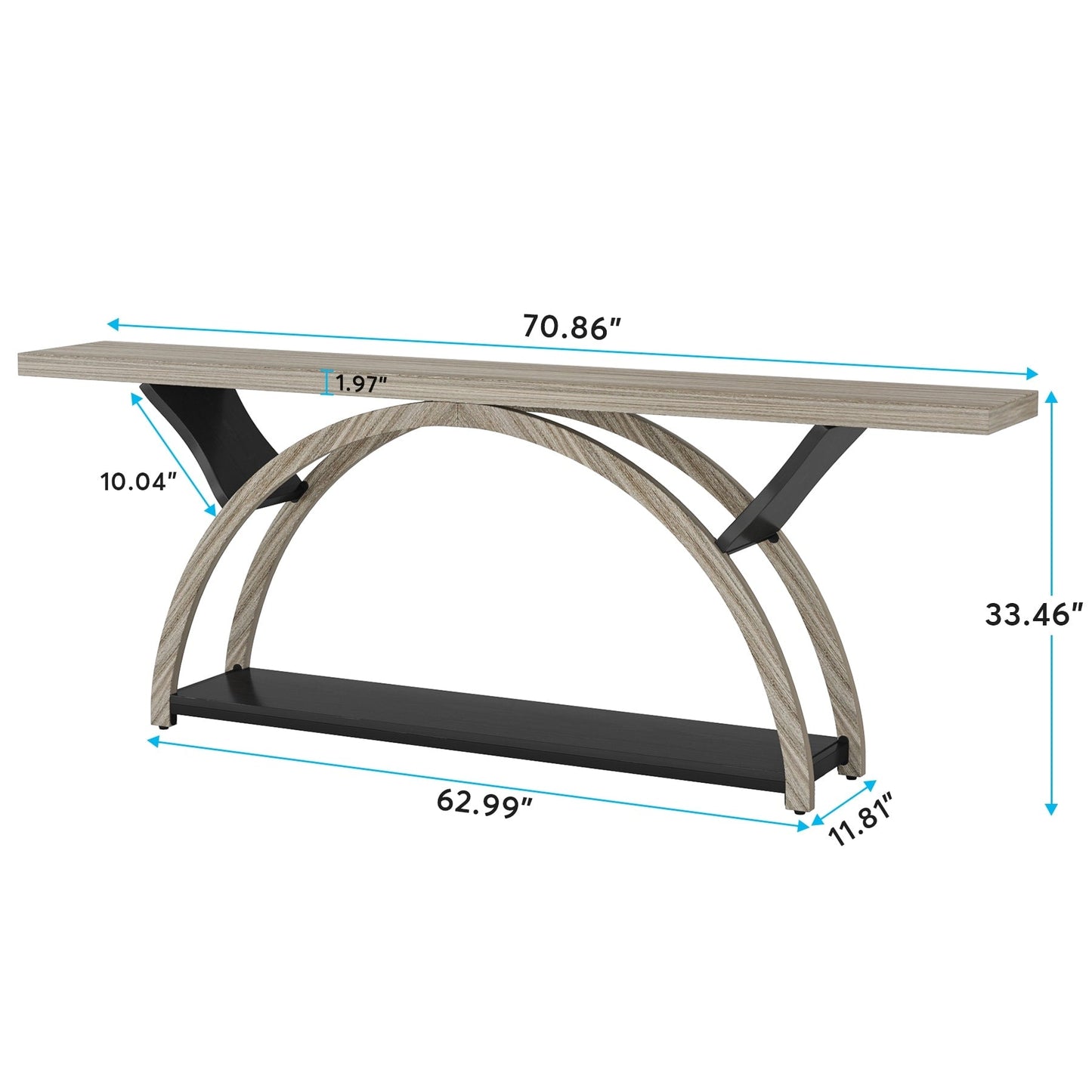 Table de console de canapé étroite et longue à 2 niveaux avec cadre semi-circulaire pour entrée, tables d'appoint de couloir grises