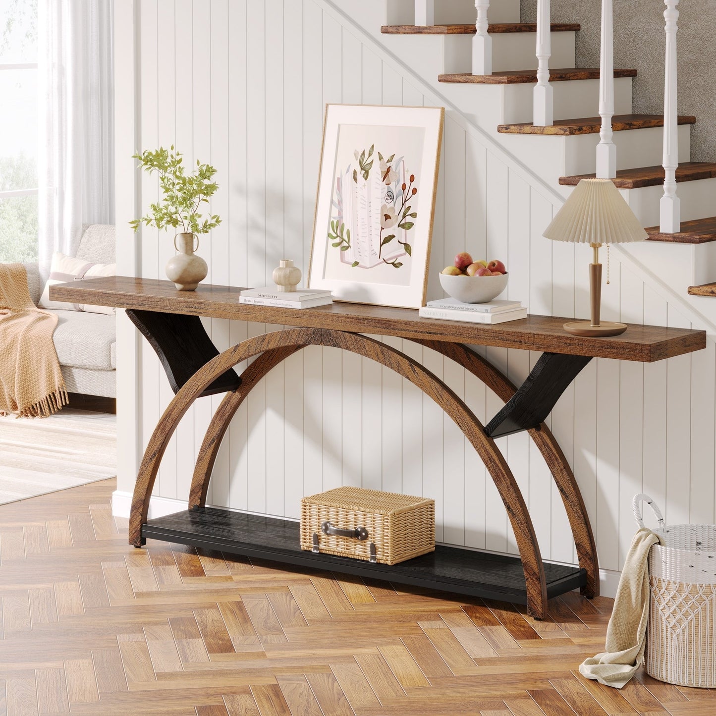 Table de console de canapé étroite et longue à 2 niveaux avec cadre semi-circulaire pour entrée, tables d'appoint de couloir grises