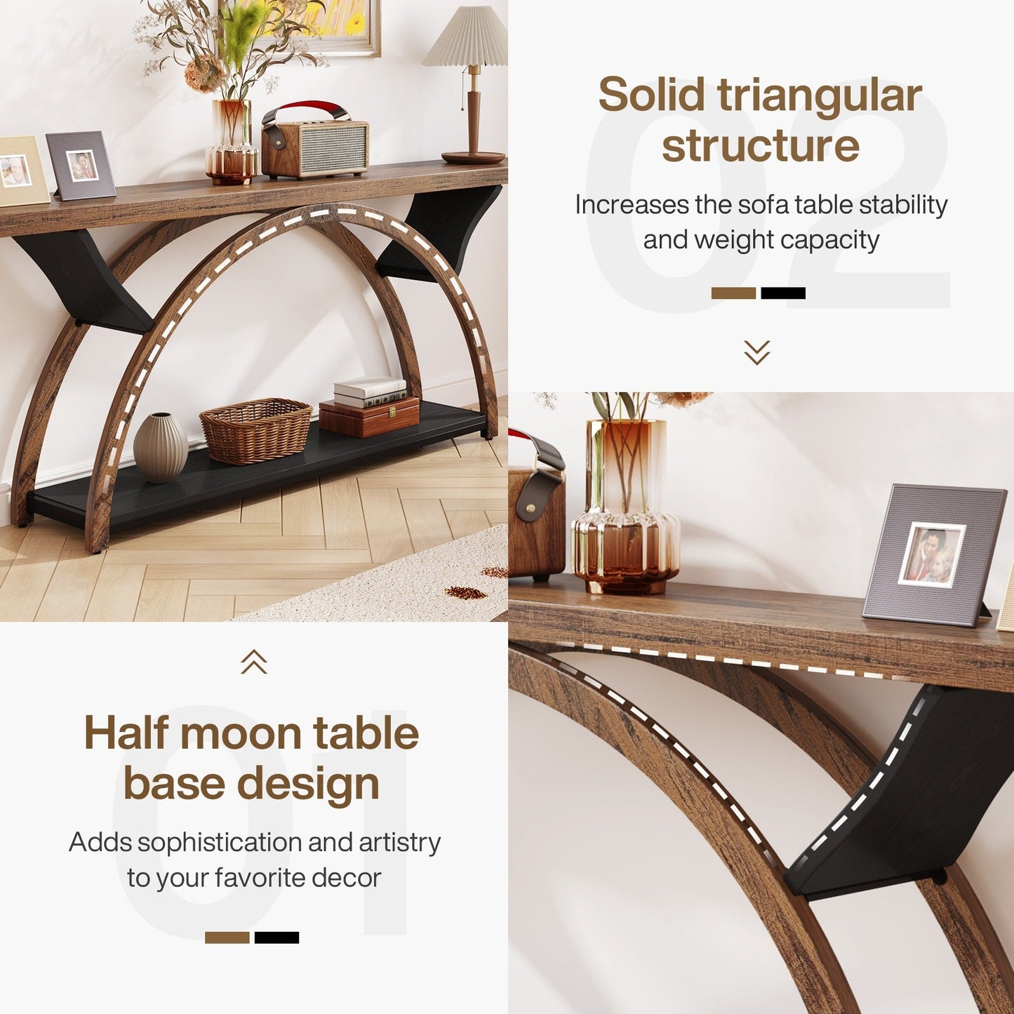 Table de console de canapé étroite et longue à 2 niveaux avec cadre semi-circulaire pour entrée, tables d'appoint de couloir grises