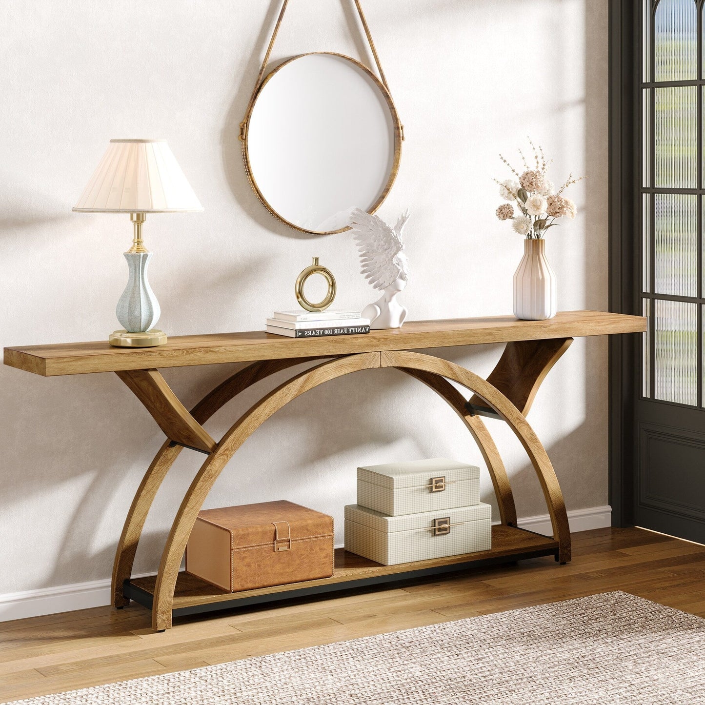 Table de console de canapé étroite et longue à 2 niveaux avec cadre semi-circulaire pour entrée, tables d'appoint de couloir grises
